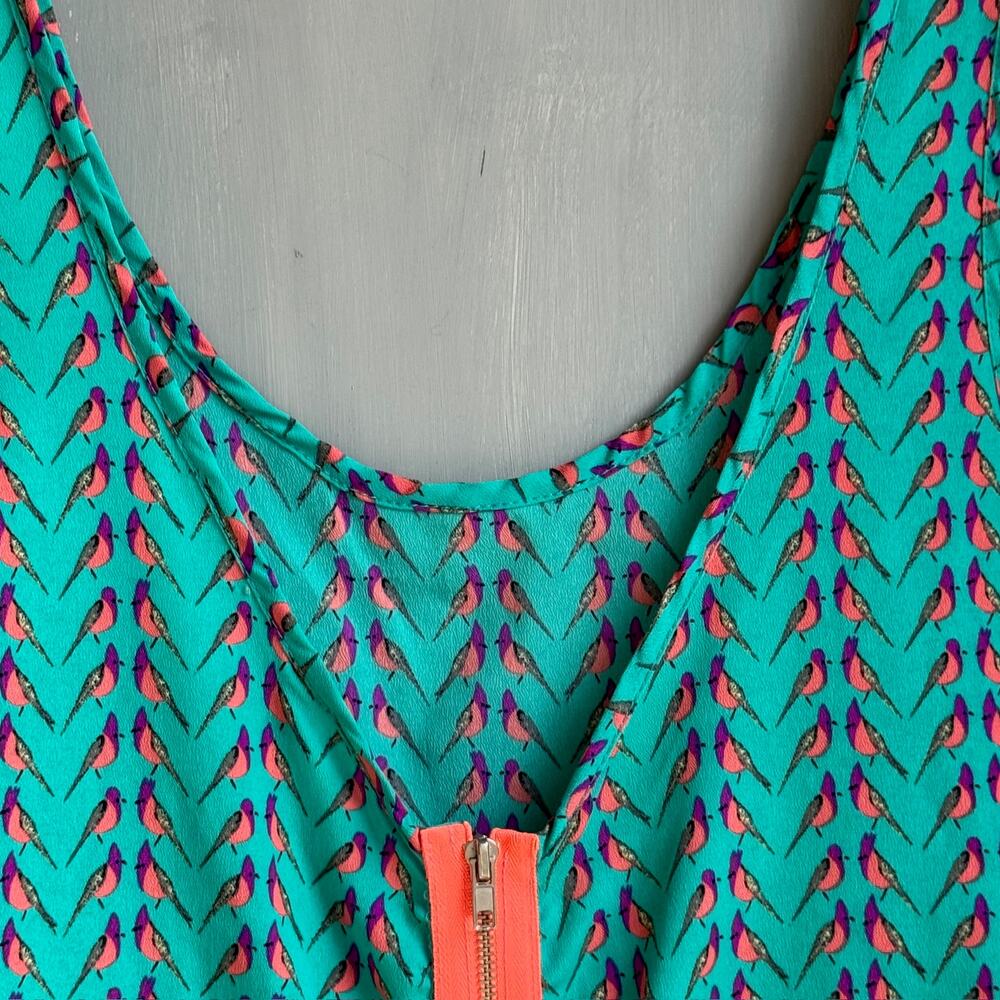 B Jewel Turquoise Scoop Neck Bird Print Tank Top Orange Trim Zipper Back Large - Picture 4 of 12